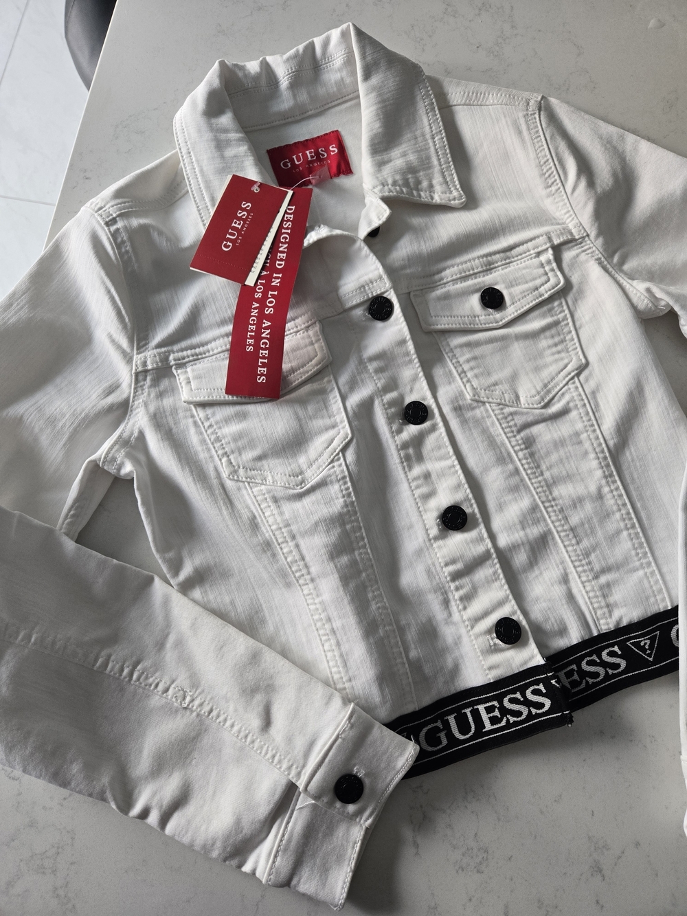 GUESS Women White Logo-Trim Denim Jacket